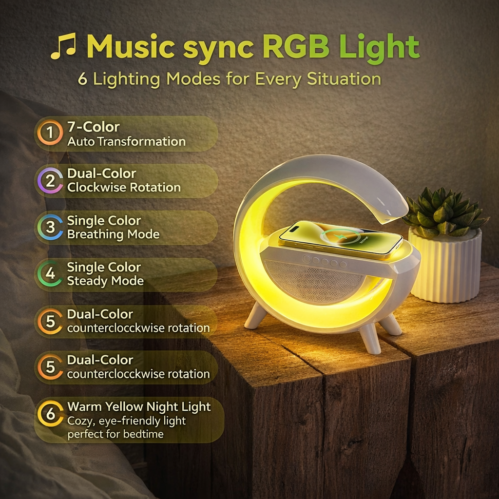 3-in-1 RGB LED Wireless Charging Speaker – Music Sync Ambient Light + Fast Qi Charger + Bluetooth Stereo Sound | Modern Bedside Lamp
