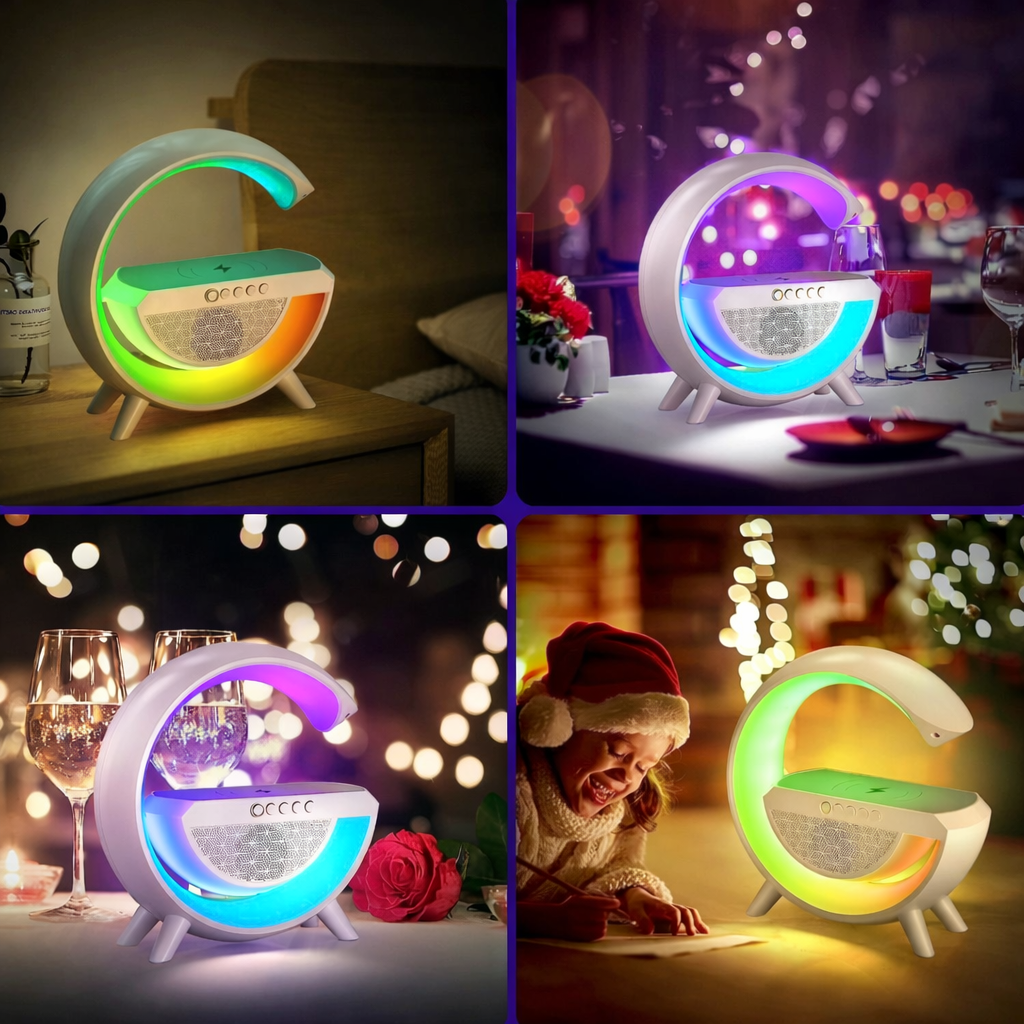 3-in-1 RGB LED Wireless Charging Speaker – Music Sync Ambient Light + Fast Qi Charger + Bluetooth Stereo Sound | Modern Bedside Lamp