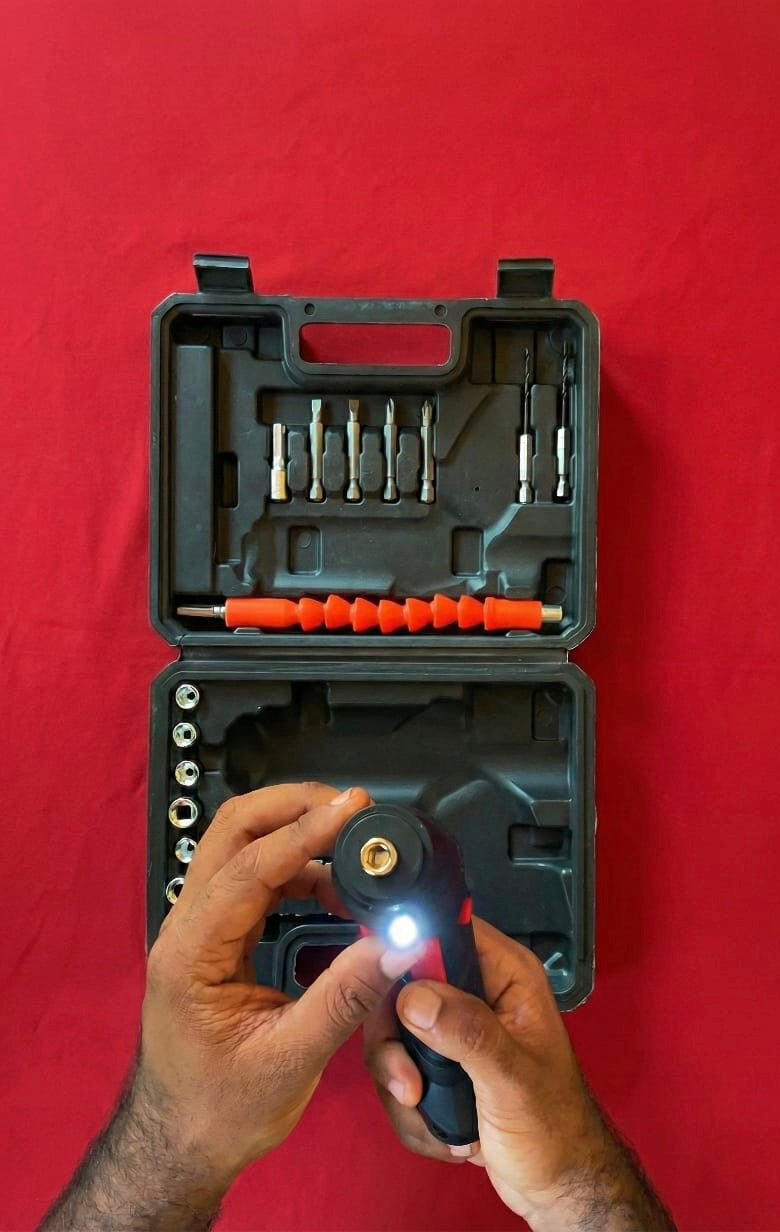 Rechargeable Cordless Screwdriver Kit (47 Pcs) – Multi-Function Electric Drill Set with Flexible Shaft, Screw Bits, Sockets & Carrying Case for DIY Home Repairs