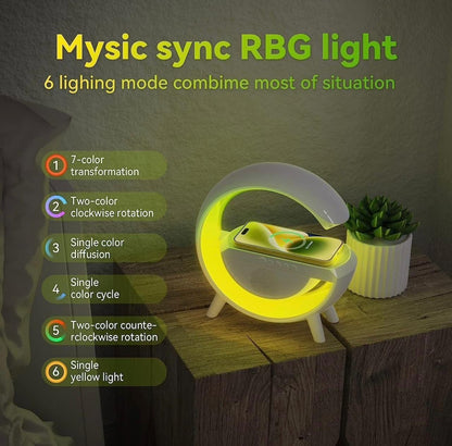 3-in-1 RGB LED Wireless Charging Speaker – Music Sync Ambient Light + Fast Qi Charger + Bluetooth Stereo Sound | Modern Bedside Lamp