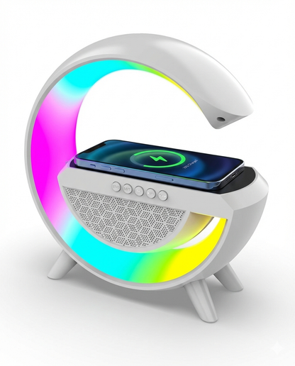 3-in-1 RGB LED Wireless Charging Speaker – Music Sync Ambient Light + Fast Qi Charger + Bluetooth Stereo Sound | Modern Bedside Lamp