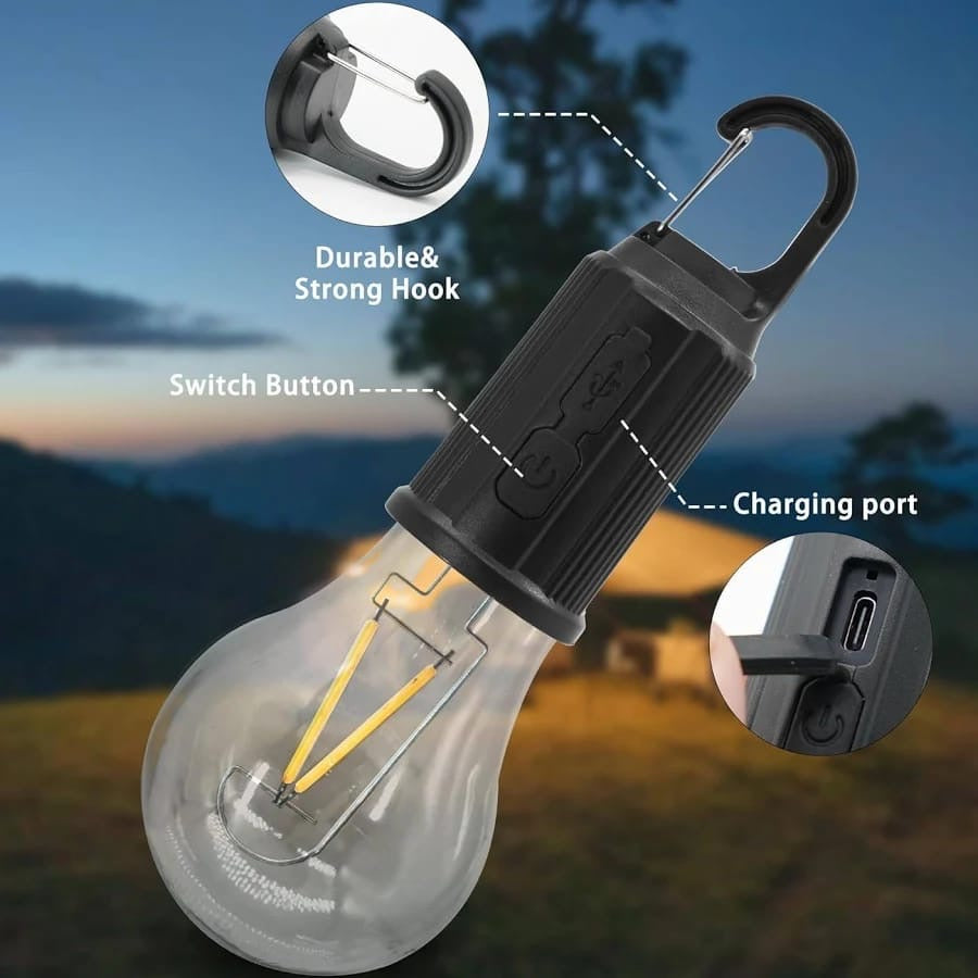 Rechargeable Camping Hanging Bulb, Waterproof LED Tent Light with USB Cable, 3 Modes Hanging Camping Lantern, Hanging Lamp for Hiking, Emergency