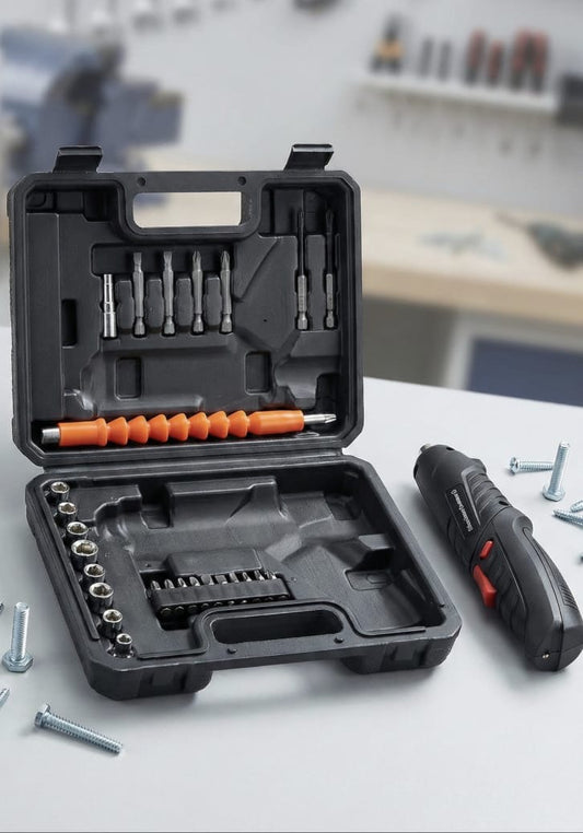 Rechargeable Cordless Screwdriver Kit (47 Pcs) – Multi-Function Electric Drill Set with Flexible Shaft, Screw Bits, Sockets & Carrying Case for DIY Home Repairs